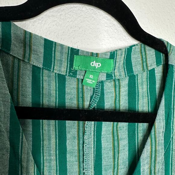 Dip Women's Green Striped Blouse XL Linen Blend Button Down Tie Front Casual - Picture 2 of 6